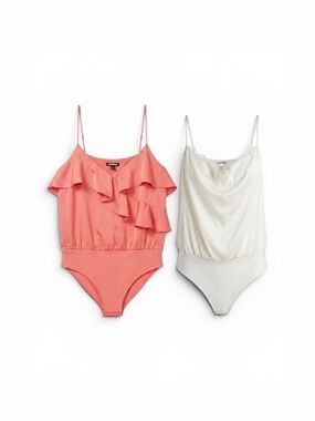 Express Coral Ruffle Bodysuit XL NWT + Ivory Lace Cowl Neck Bodysuit XL NWOT